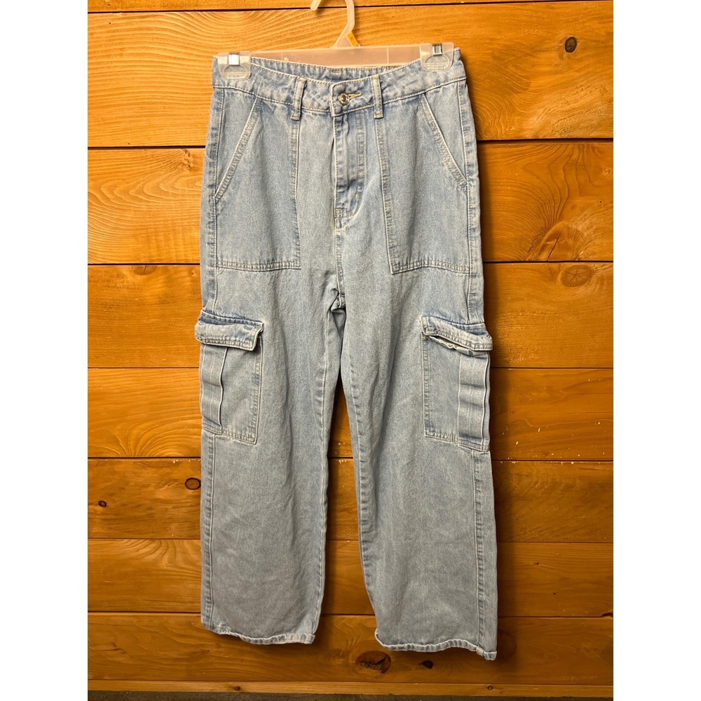 Shein Light Wash Cargo Jeans Womens S Wide Leg Denim Pants Streetwear Trend Y2K
